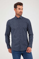 Slim Fit Long Sleeve Printed Cotton Blend Dress Shirt Navy