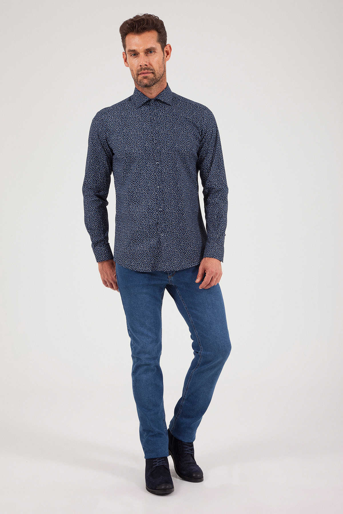 Slim Fit Long Sleeve Printed Cotton Blend Dress Shirt Navy