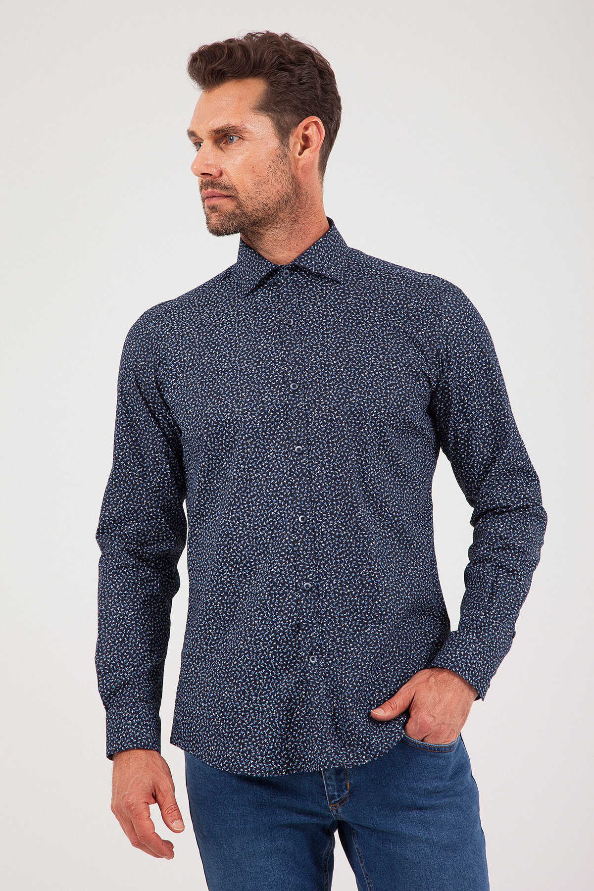 Slim Fit Long Sleeve Printed Cotton Blend Dress Shirt Navy