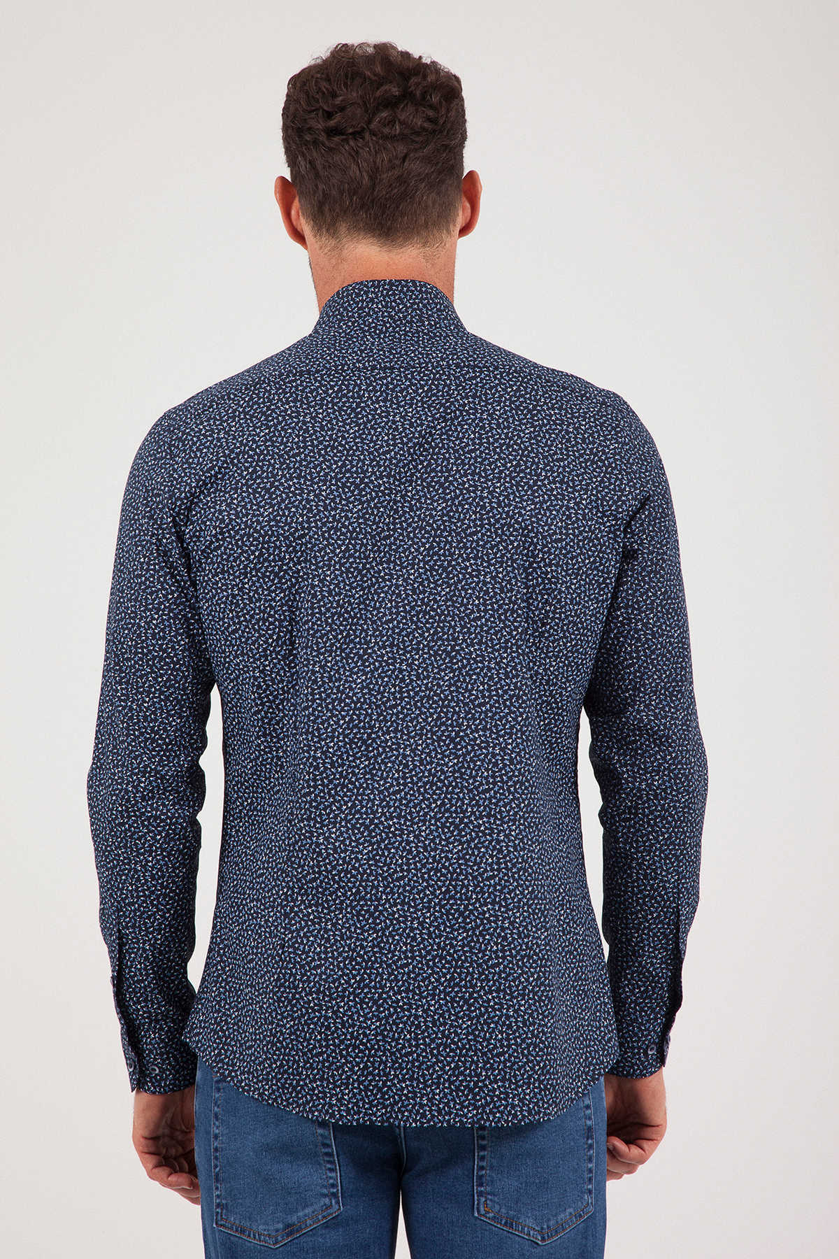 Slim Fit Long Sleeve Printed Cotton Blend Dress Shirt Navy