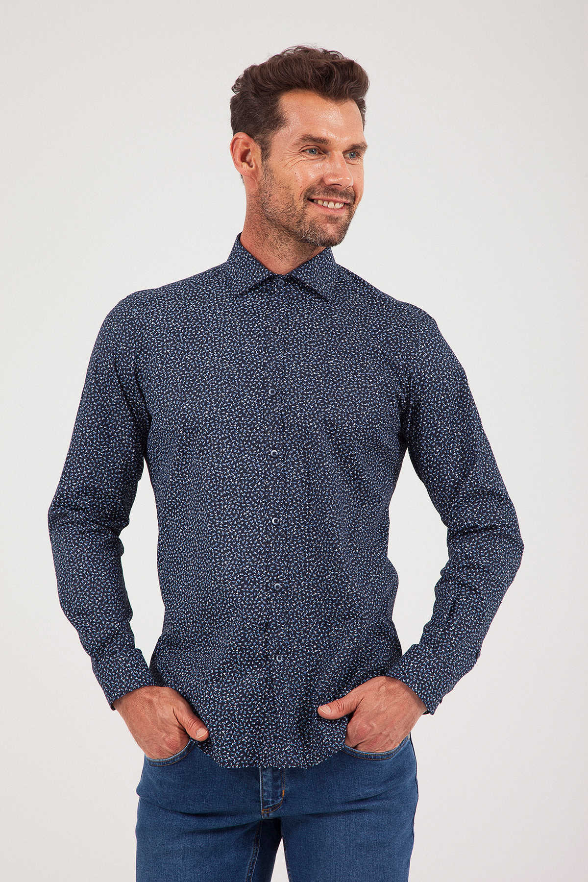 Slim Fit Long Sleeve Printed Cotton Blend Dress Shirt Navy