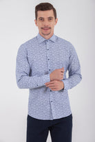 Slim Fit Long Sleeve Printed Cotton Blend Dress Shirt Navy