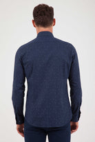 Slim Fit Long Sleeve Printed Cotton Blend Dress Shirt Navy