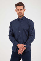 Slim Fit Long Sleeve Printed Cotton Blend Dress Shirt Navy