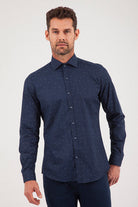 Slim Fit Long Sleeve Printed Cotton Blend Dress Shirt Navy