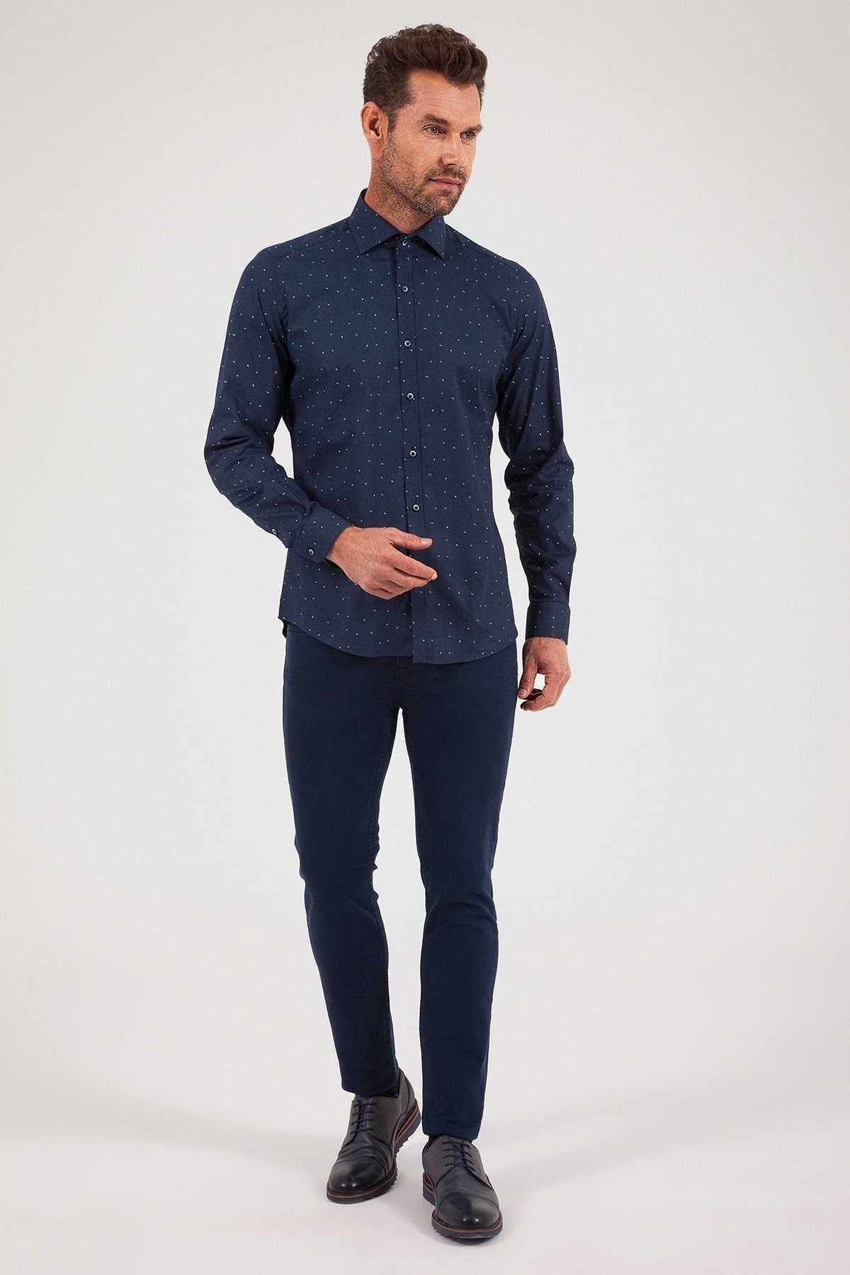 Slim Fit Long Sleeve Printed Cotton Blend Dress Shirt Navy