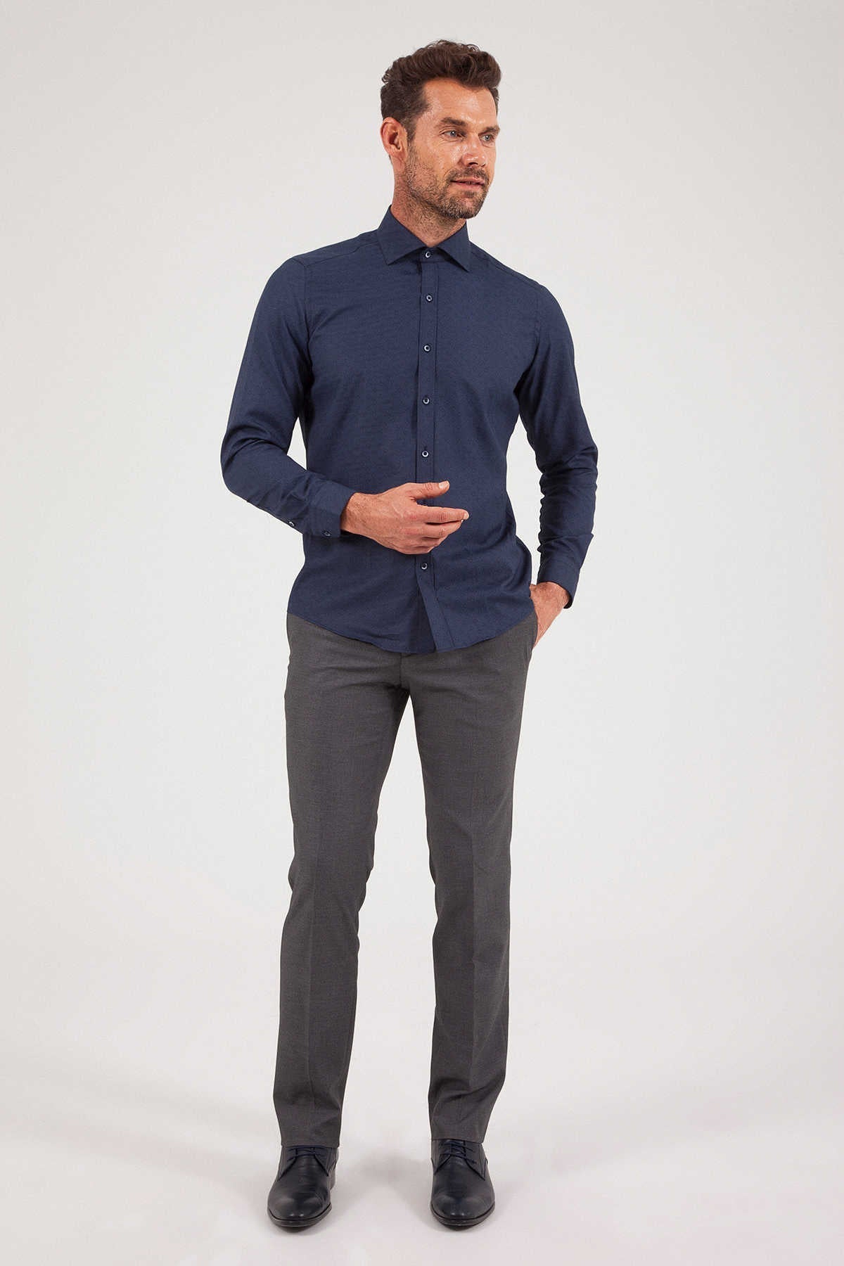 Slim Fit Long Sleeve Printed Cotton Blend Dress Shirt Navy