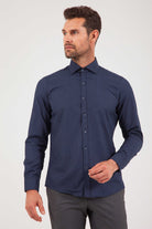 Slim Fit Long Sleeve Printed Cotton Blend Dress Shirt Navy