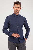 Slim Fit Long Sleeve Printed Cotton Blend Dress Shirt Navy