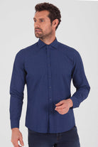 Slim Fit Long Sleeve Printed Cotton Blend Navy Dress Shirt