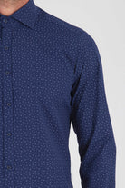 Slim Fit Long Sleeve Printed Cotton Blend Navy Dress Shirt