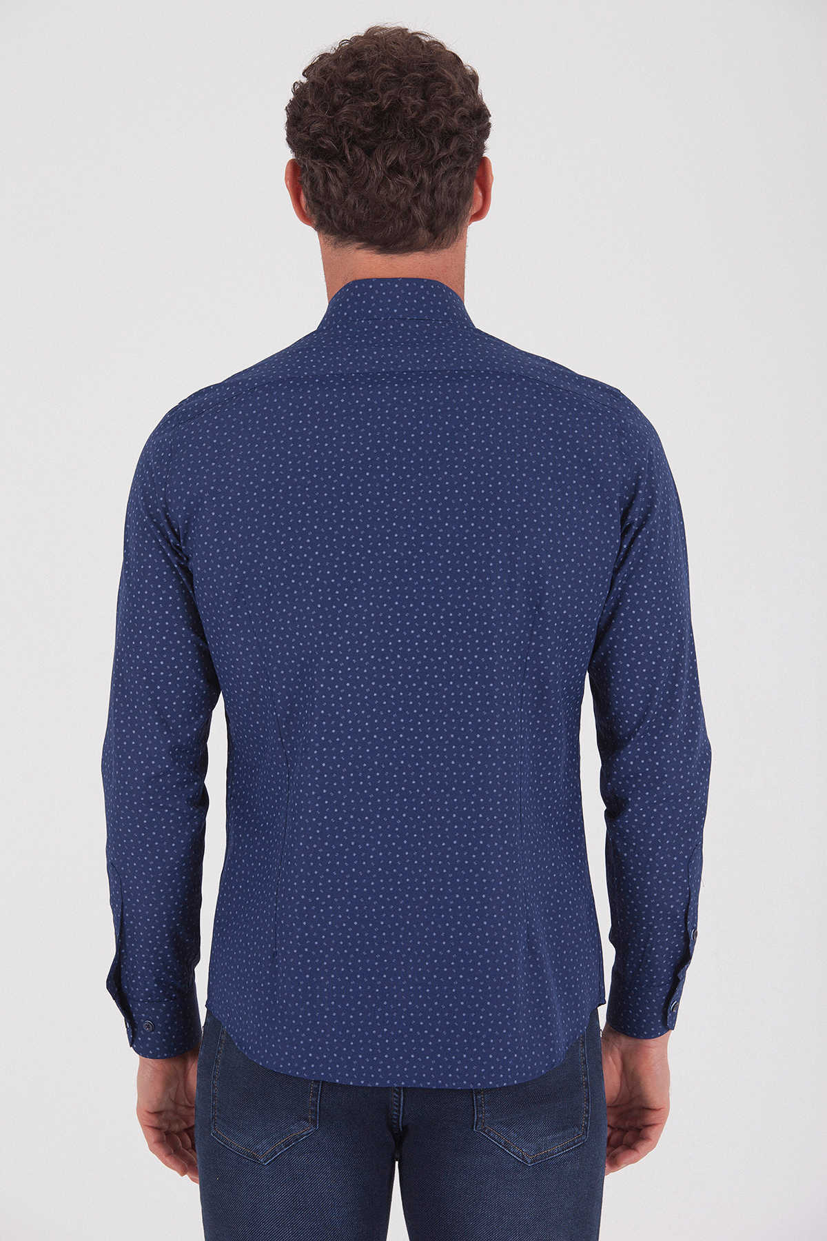 Slim Fit Long Sleeve Printed Cotton Blend Navy Dress Shirt