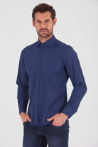 Slim Fit Long Sleeve Printed Cotton Blend Navy Dress Shirt