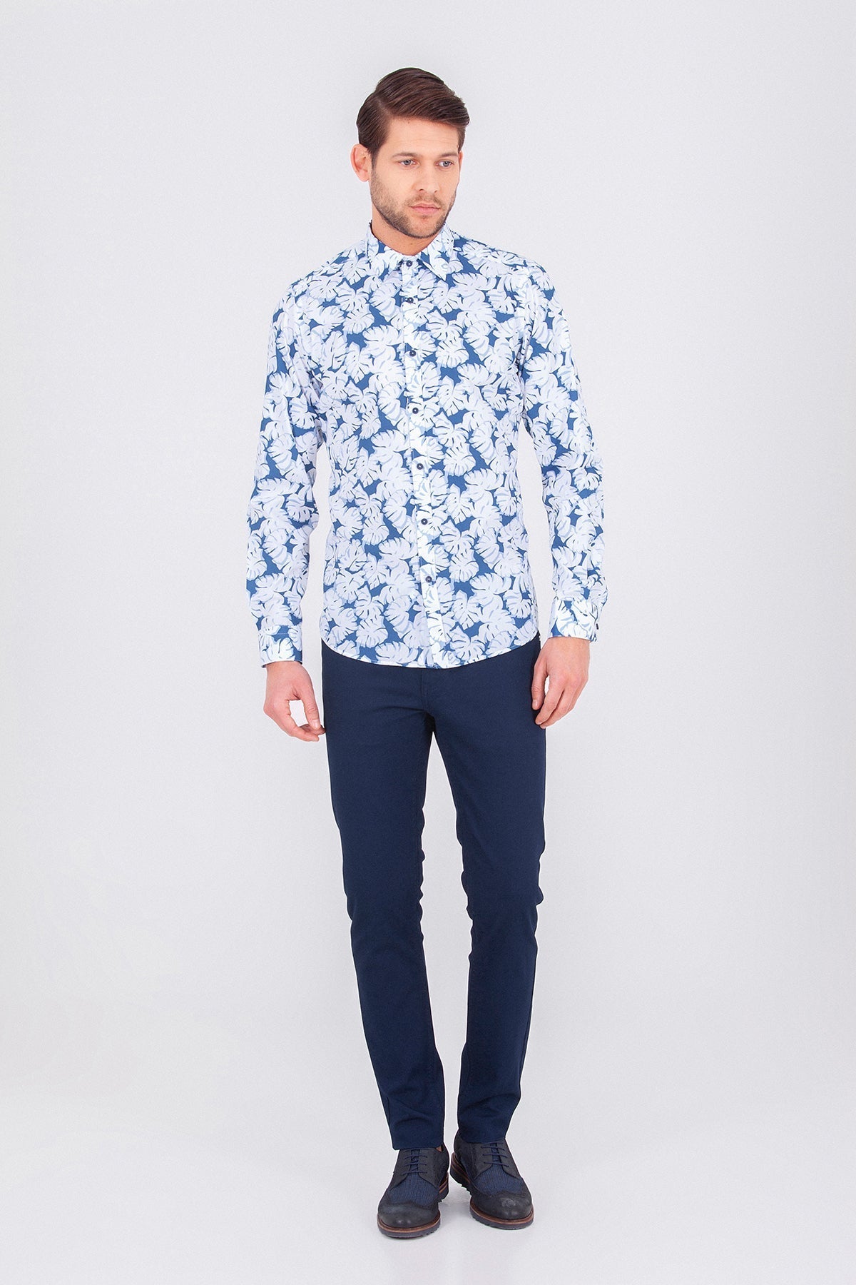 Slim Fit Long Sleeve Printed Cotton Blue Casual Shirt - MIB