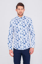 Slim Fit Long Sleeve Printed Cotton Blue Casual Shirt - MIB