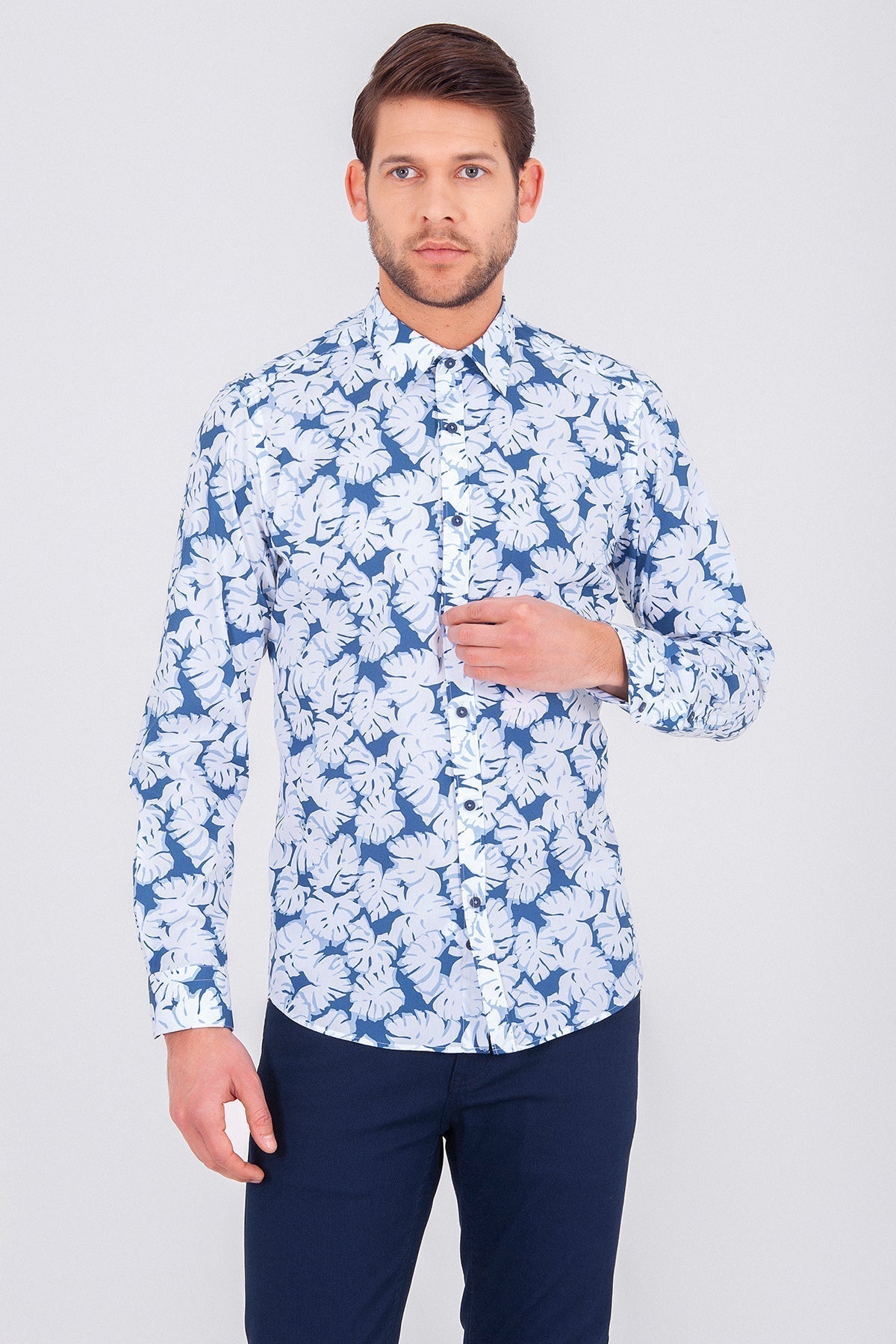 Slim Fit Long Sleeve Printed Cotton Blue Casual Shirt - MIB