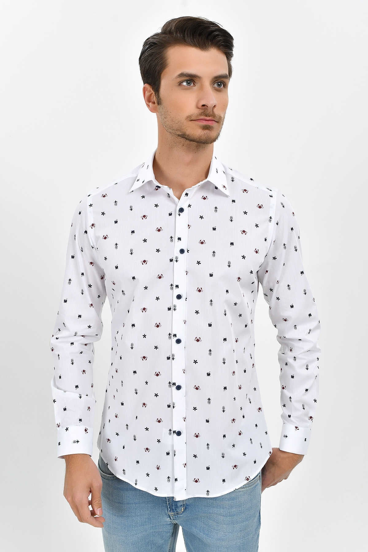 Slim Fit Long Sleeve Printed Cotton Casual Shirt - MIB