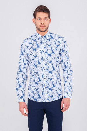 Slim Fit Long Sleeve Printed Cotton Casual Shirt Blue B1