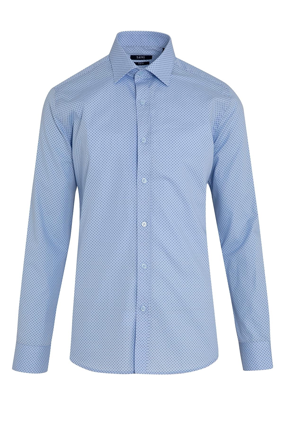 Slim Fit Long Sleeve Printed Cotton Casual Shirt Blue B3