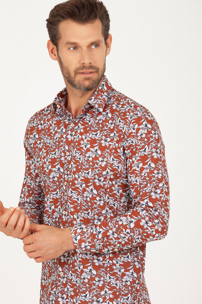 Slim Fit Long Sleeve Printed Cotton Casual Shirt Brown B.