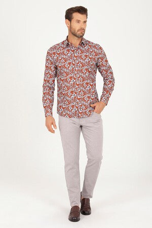 Slim Fit Long Sleeve Printed Cotton Casual Shirt Brown B.