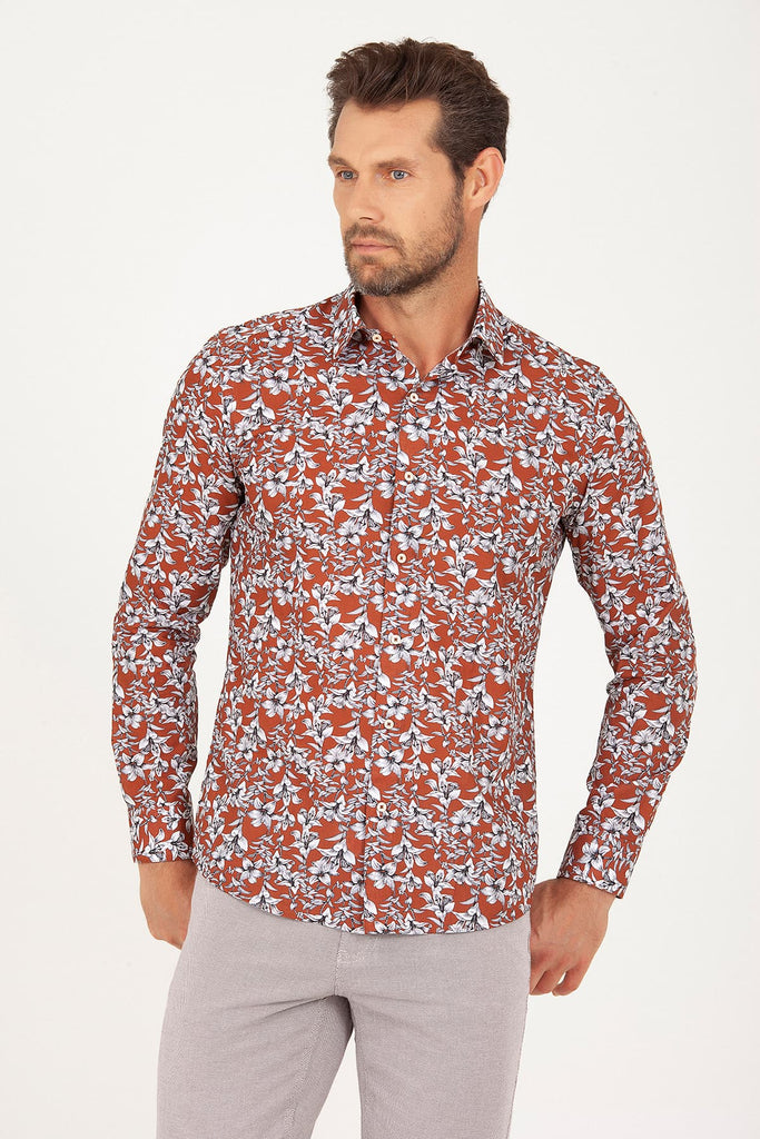 Slim Fit Long Sleeve Printed Cotton Casual Shirt Brown B.