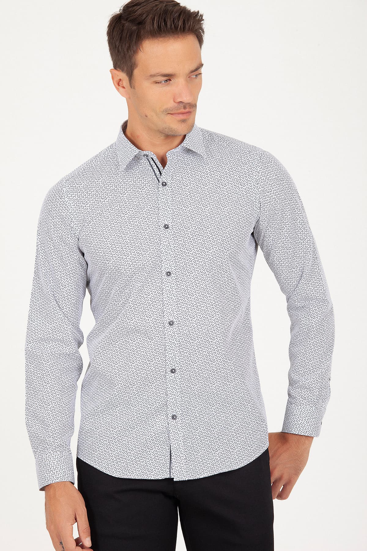 Slim Fit Long Sleeve Printed Cotton Casual Shirt Gray B.