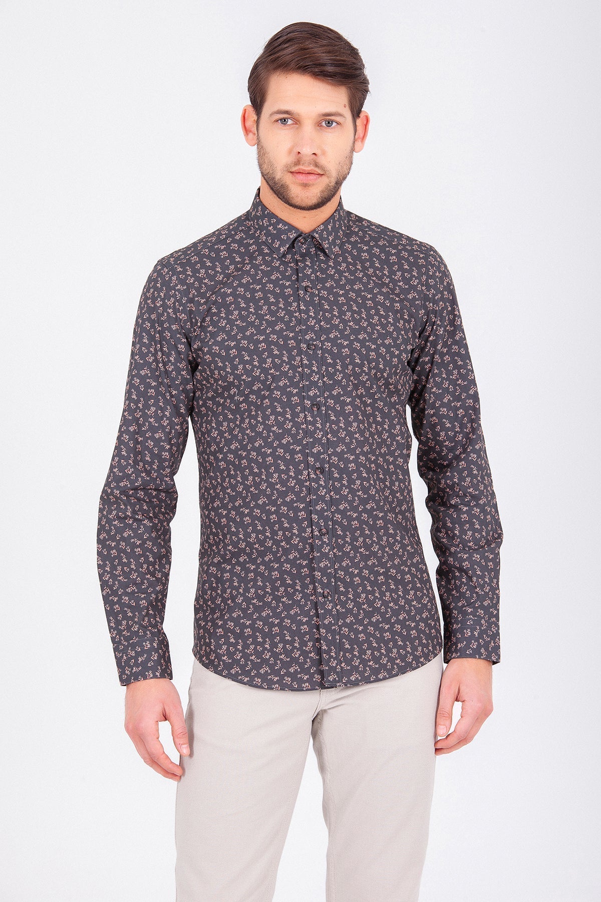 Slim Fit Long Sleeve Printed Cotton Casual Shirt Khaki B.