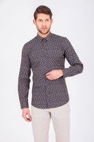 Slim Fit Long Sleeve Printed Cotton Casual Shirt Khaki B.