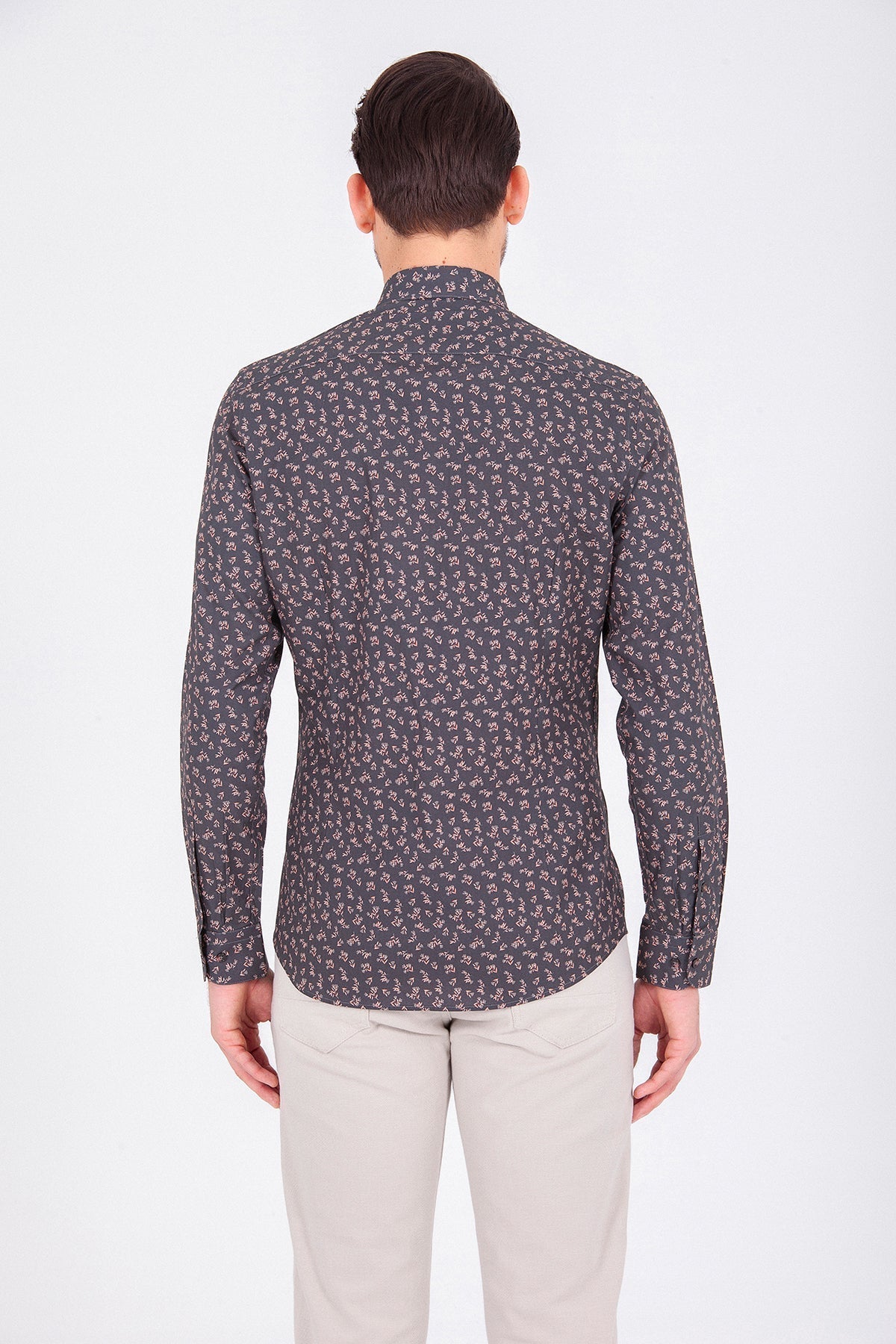 Slim Fit Long Sleeve Printed Cotton Casual Shirt Khaki B.