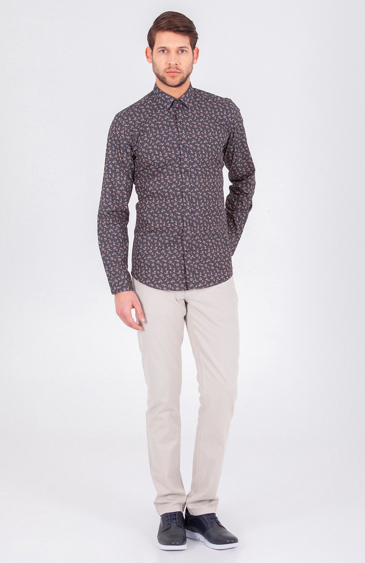 Slim Fit Long Sleeve Printed Cotton Casual Shirt Khaki B.