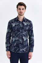 Slim Fit Long Sleeve Printed Cotton Casual Shirt Navy B.