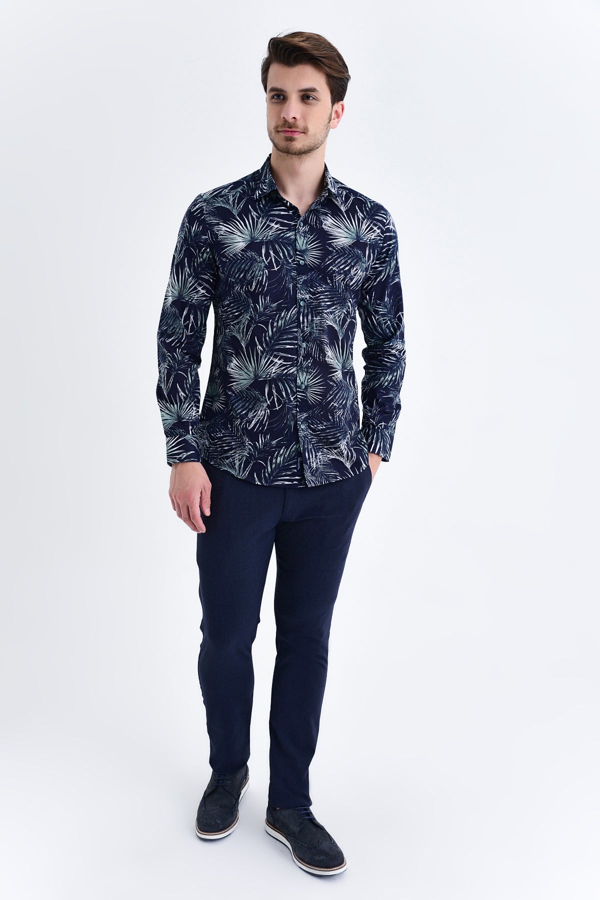 Slim Fit Long Sleeve Printed Cotton Casual Shirt Navy B.