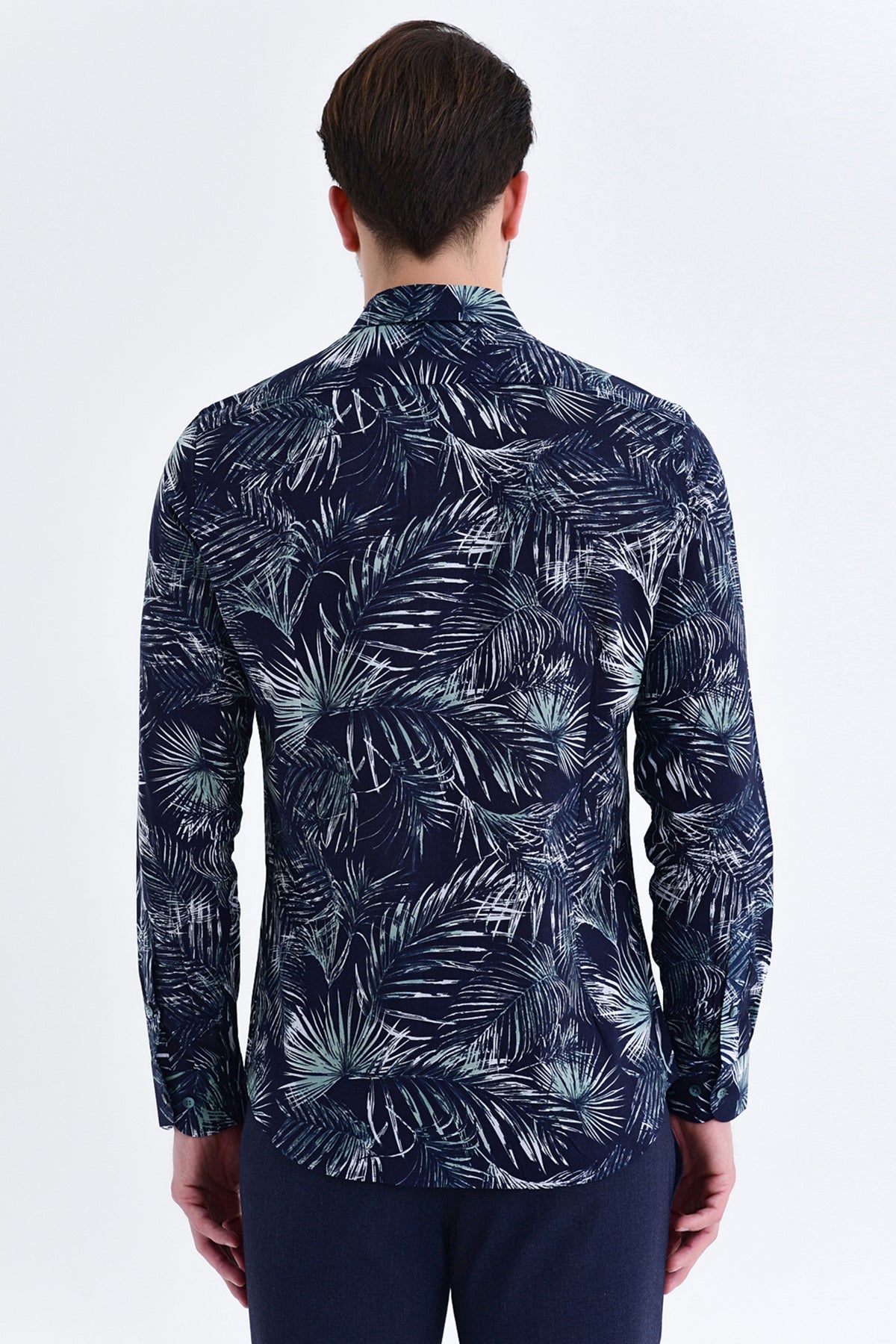 Slim Fit Long Sleeve Printed Cotton Casual Shirt Navy B.