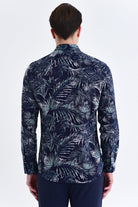 Slim Fit Long Sleeve Printed Cotton Casual Shirt Navy B.