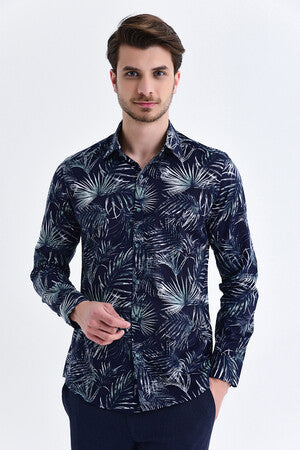 Slim Fit Long Sleeve Printed Cotton Casual Shirt Navy B.