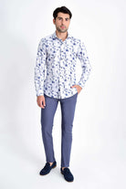 Slim Fit Long Sleeve Printed Cotton Casual Shirt Navy B4