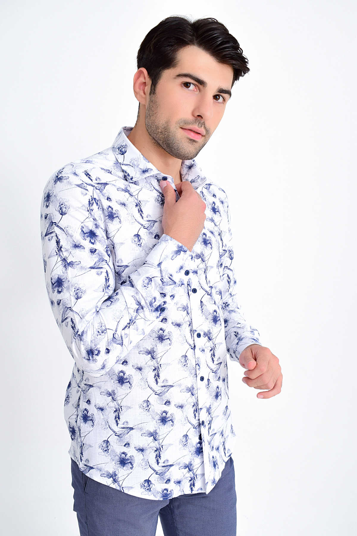 Slim Fit Long Sleeve Printed Cotton Casual Shirt Navy B4