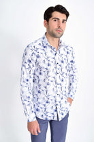 Slim Fit Long Sleeve Printed Cotton Casual Shirt Navy B4