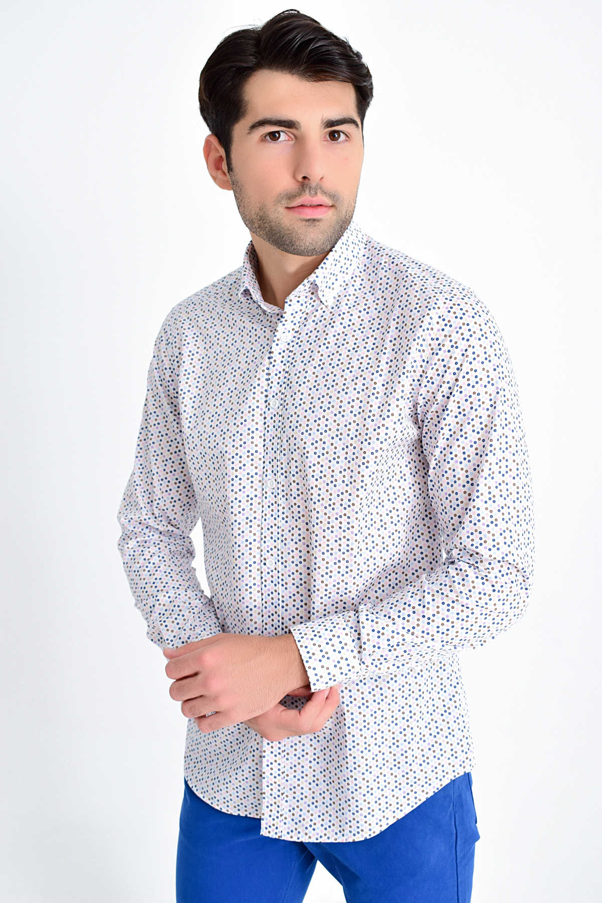 Slim Fit Long Sleeve Printed Cotton Casual Shirt Pink B1