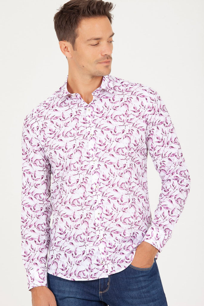 Slim Fit Long Sleeve Printed Cotton Casual Shirt Purple B.