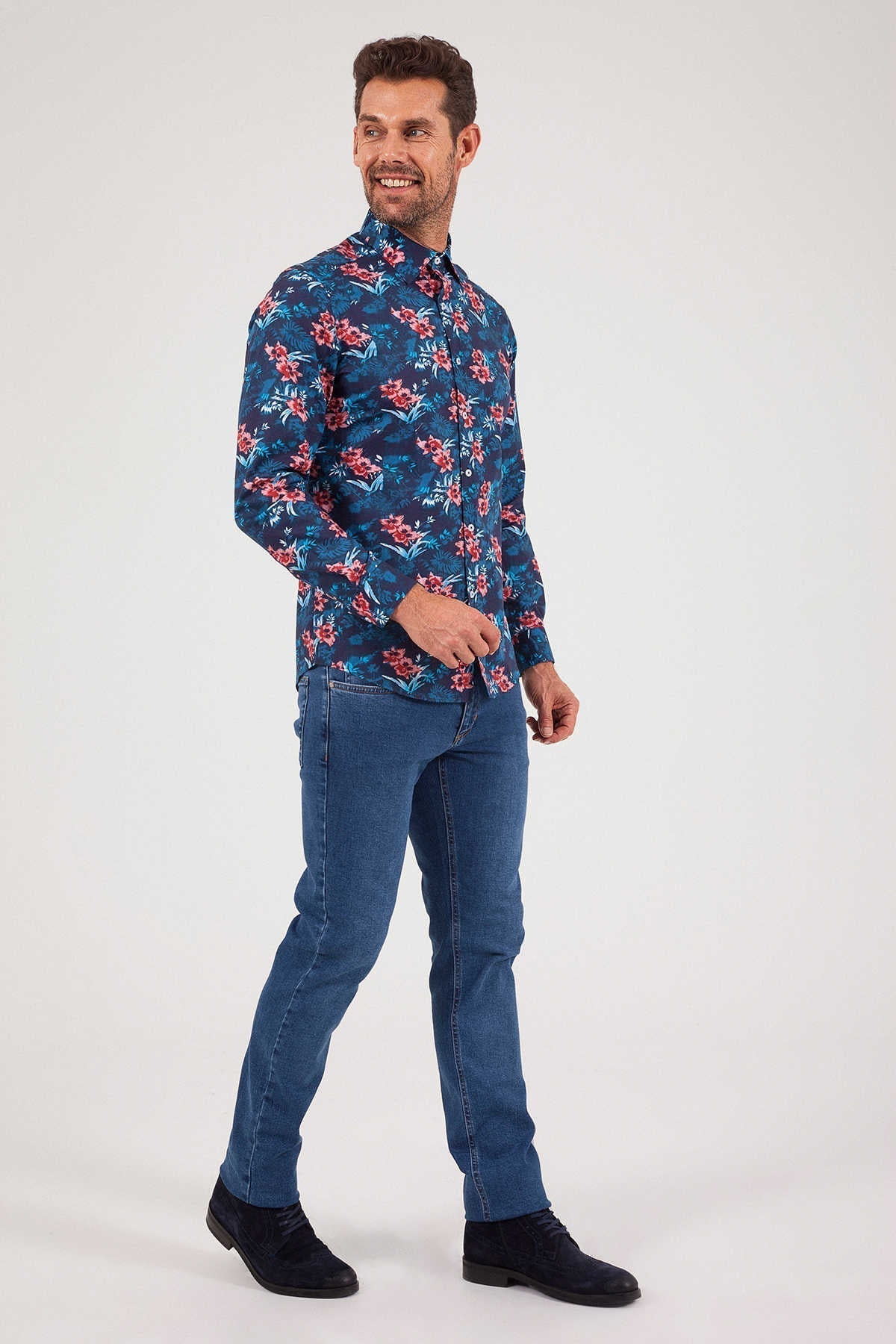 Slim Fit Long Sleeve Printed Cotton Floral Navy Casual