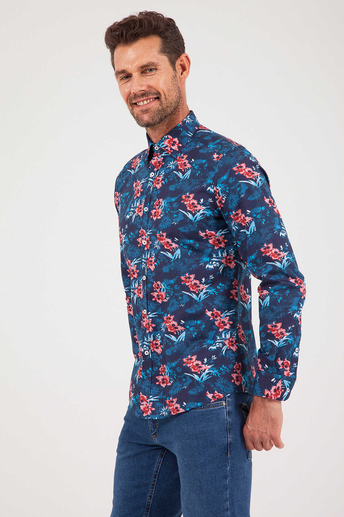 Slim Fit Long Sleeve Printed Cotton Floral Navy Casual