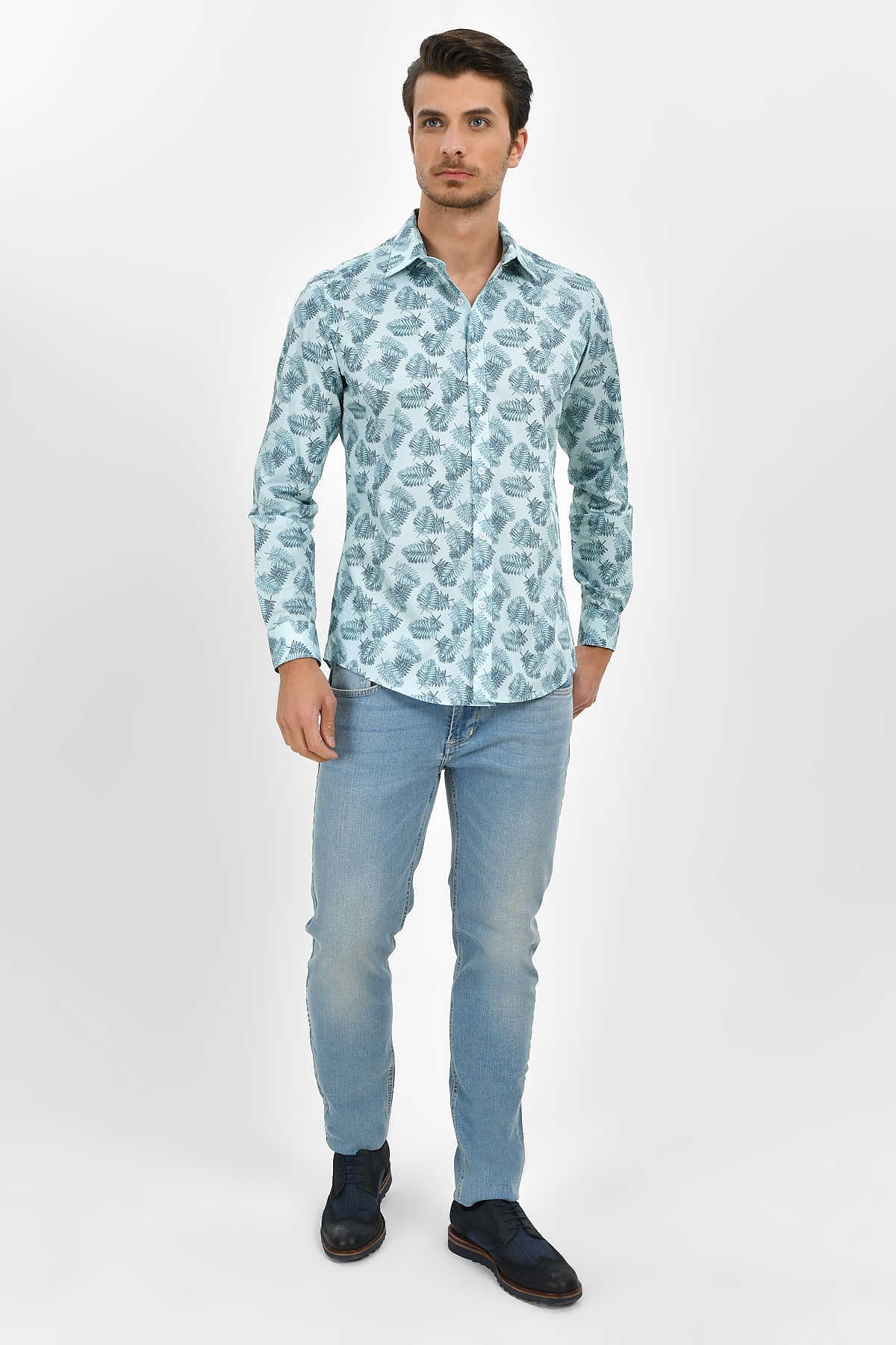 Slim Fit Long Sleeve Printed Cotton Mint Casual Shirt - MIB