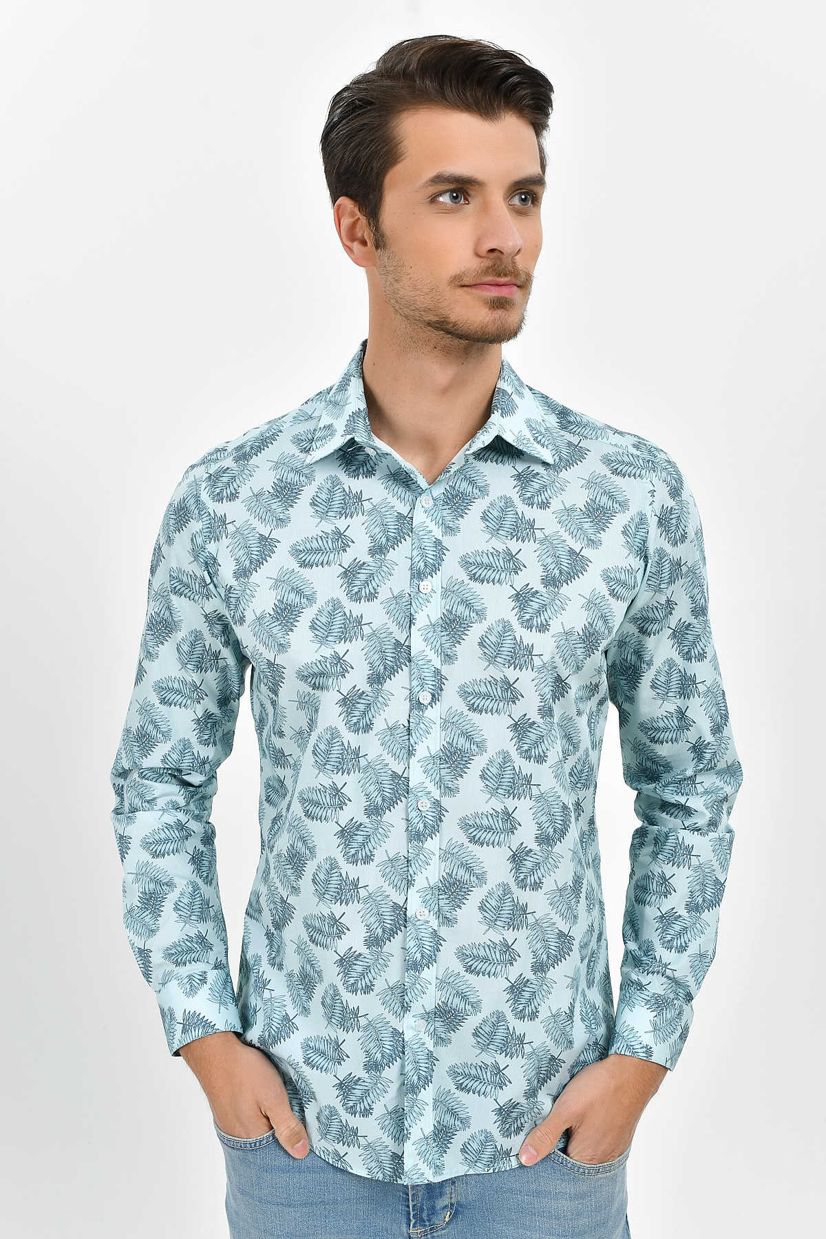 Slim Fit Long Sleeve Printed Cotton Mint Casual Shirt - MIB