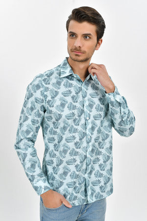 Slim Fit Long Sleeve Printed Cotton Mint Casual Shirt - MIB