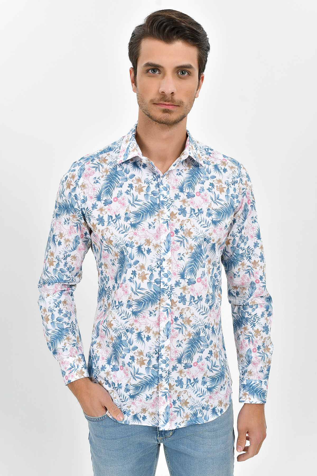 Slim Fit Long Sleeve Printed Cotton Pink Casual Shirt - MIB