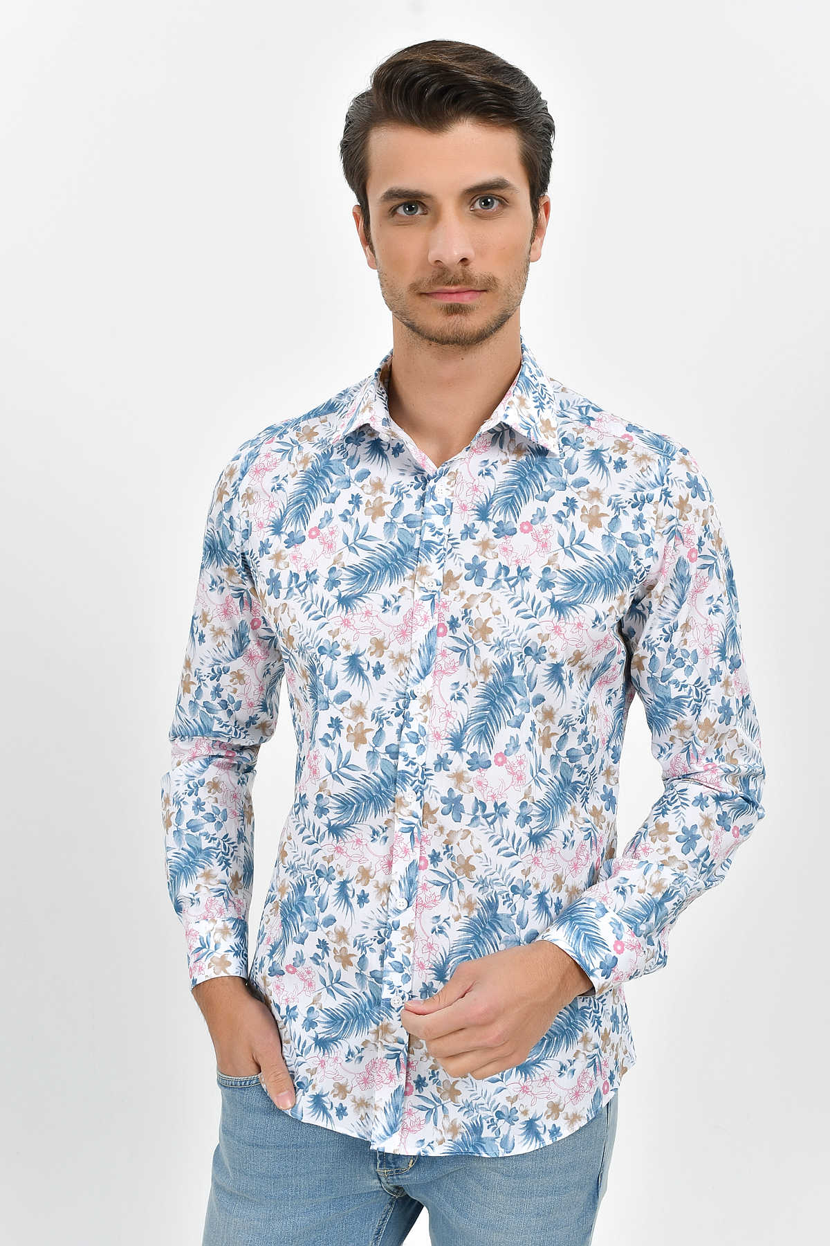 Slim Fit Long Sleeve Printed Cotton Pink Casual Shirt - MIB