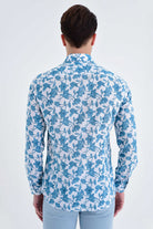 Slim Fit Long Sleeve Printed Cotton Turquoise Casual Shirt