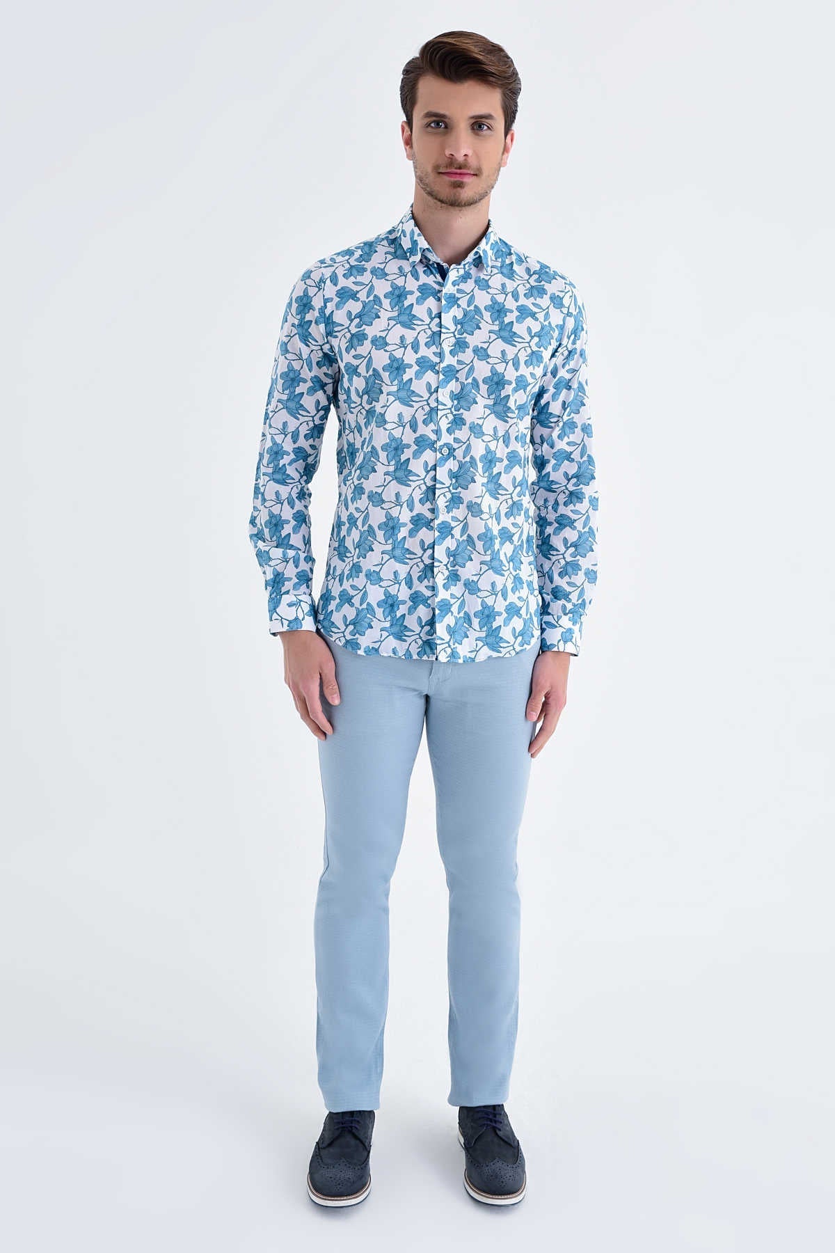 Slim Fit Long Sleeve Printed Cotton Turquoise Casual Shirt